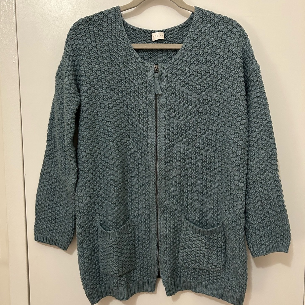 Poetry Light Teal Chunky Knit Zip Up Sweater with Pockets